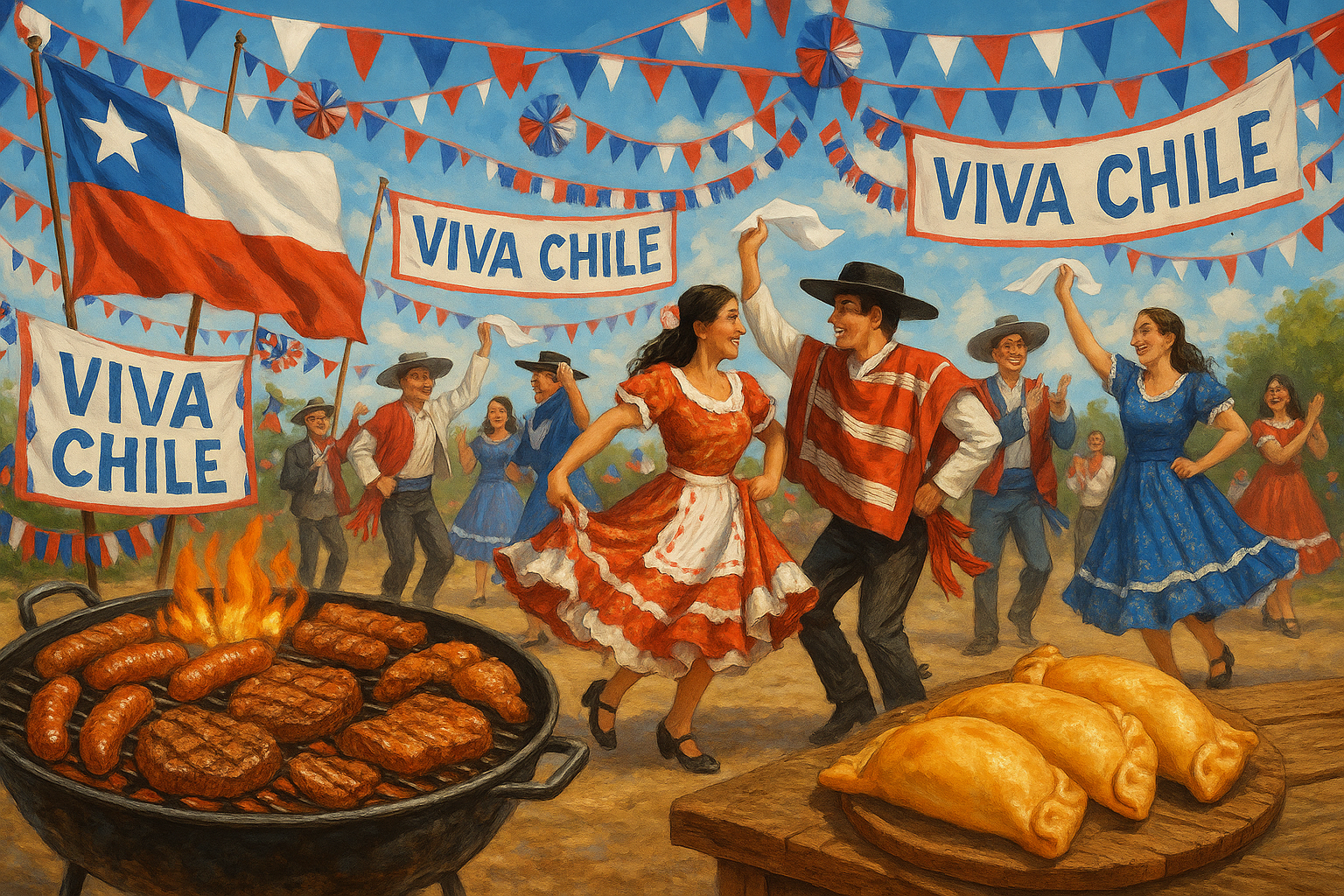 chile se viste de fiesta, esta semana es de los chilenos, la parrillada, la empanadas de pino y sus banderas fiestera de chile la patria,