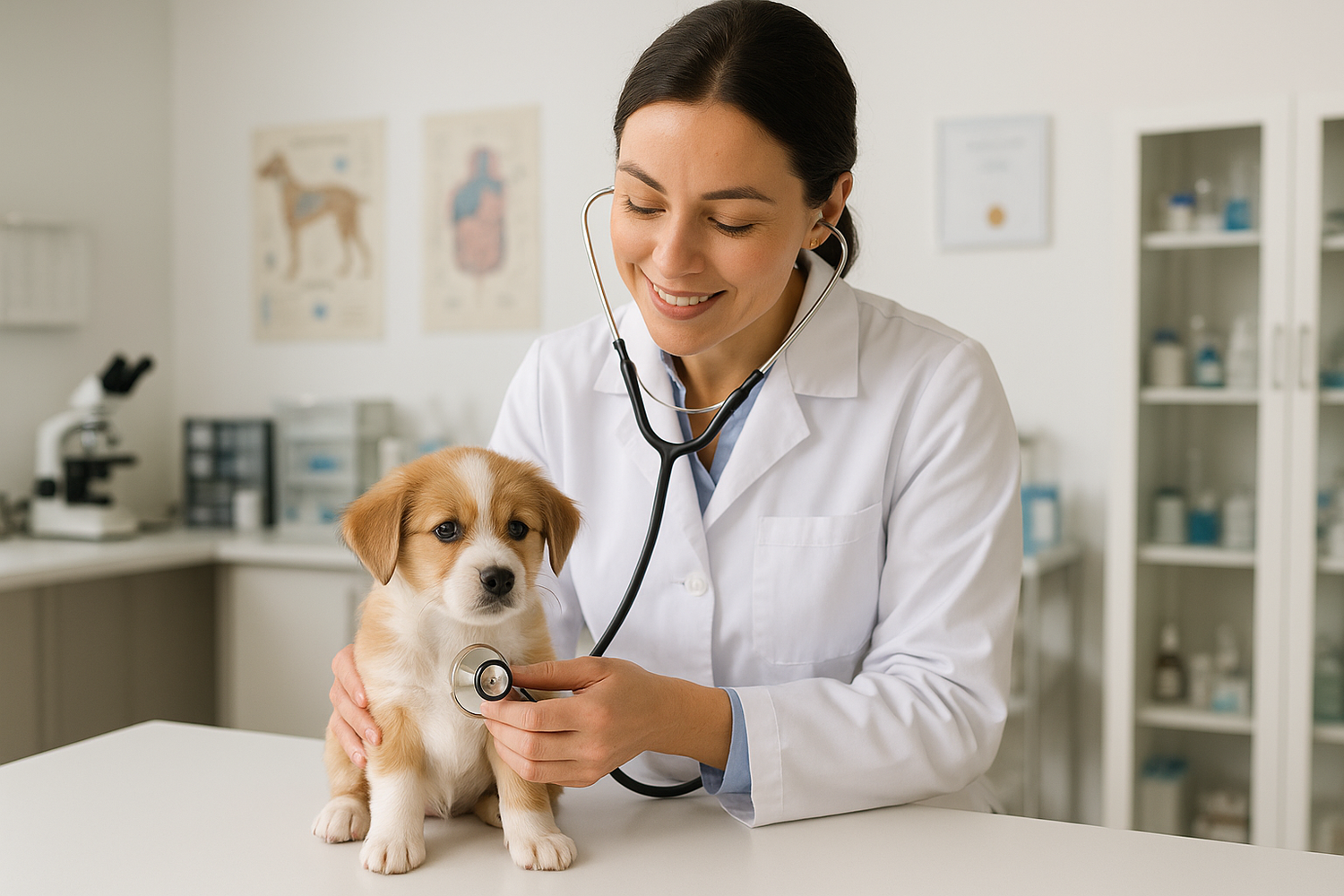 medico veterinario atendiendo a un perrito en su consultorio
