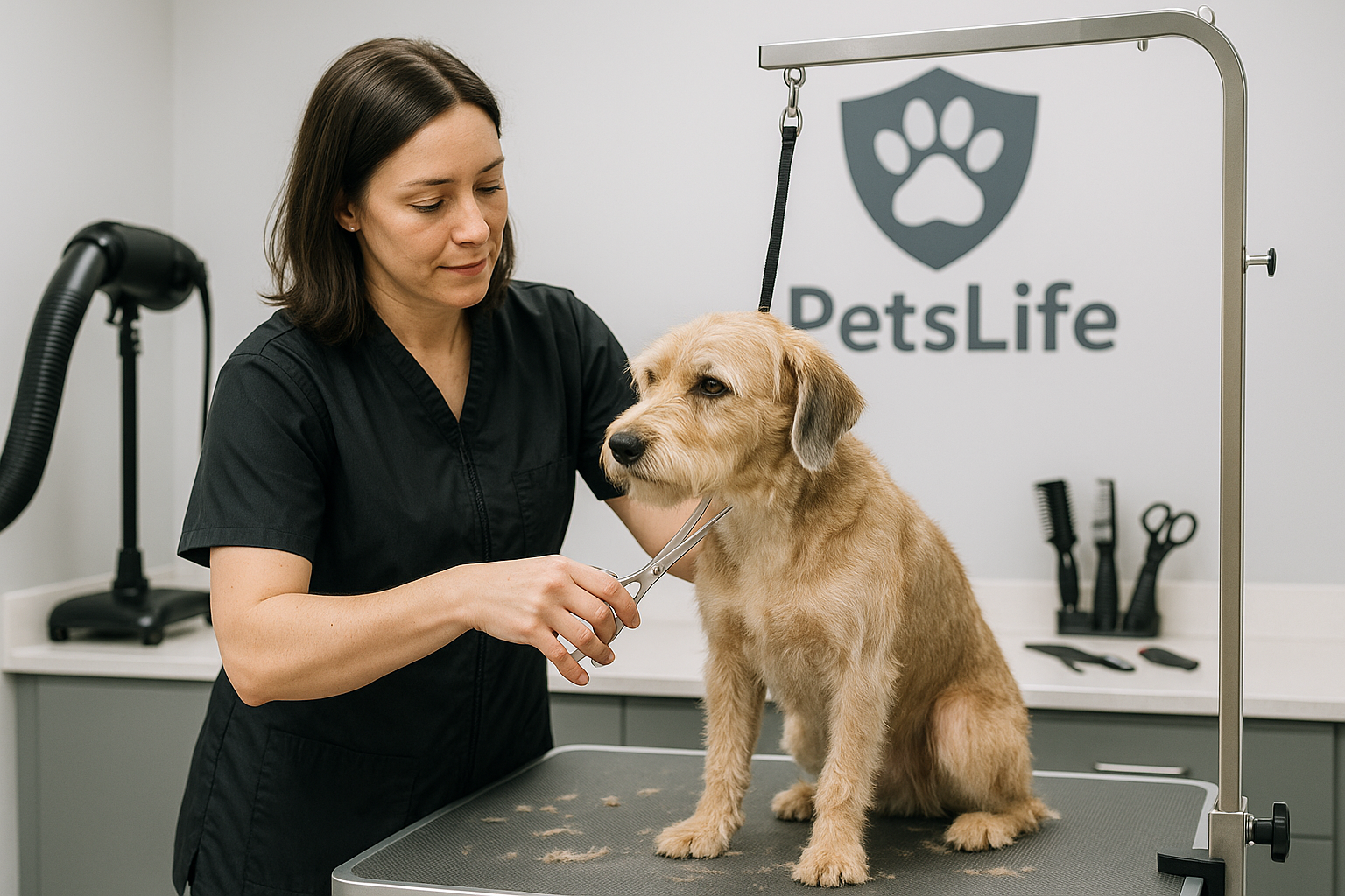 peluqueria de perros, con corte de pelaje, imagenes reales de la mujer peluquera y del perro cortando el pelo, encima del meson e instrumento de secador, emblema de petslife su tienda. zona central, peluqueria