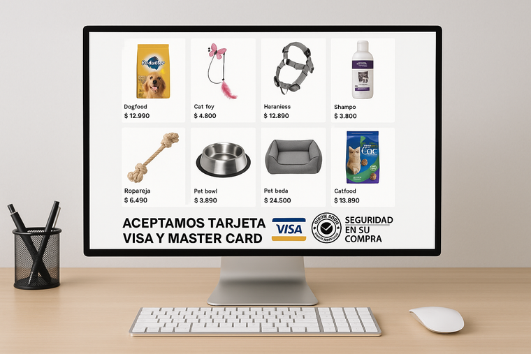 ACEPTAMOS TARJETA VISA Y MASTER CARD, IMAGENES GENIUNA, SEGURIDAD EN SU COMPRA. IMAGEN UN COMPUTADOR CON IMAGEN DE PRODUCTOS EN VENTAS