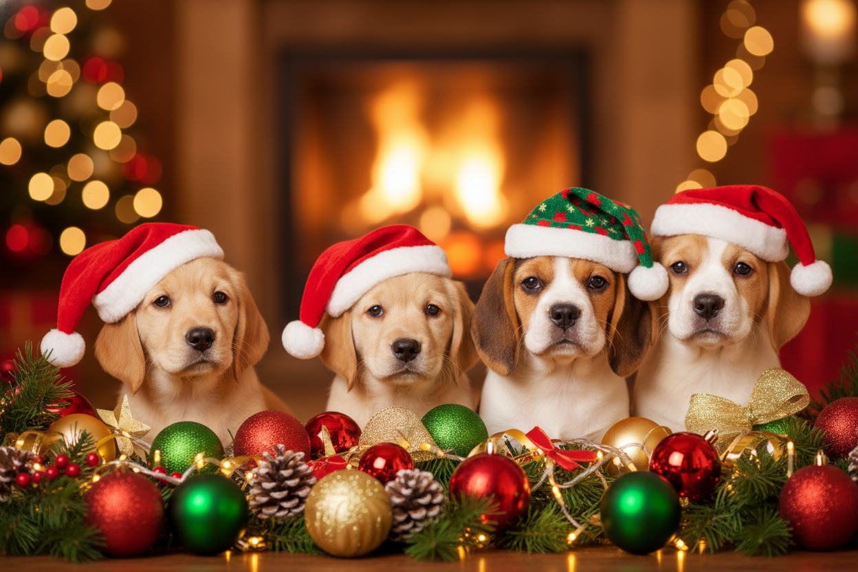 adornos de navidad con perritos y con gorros navideños, medida del slider 180x420