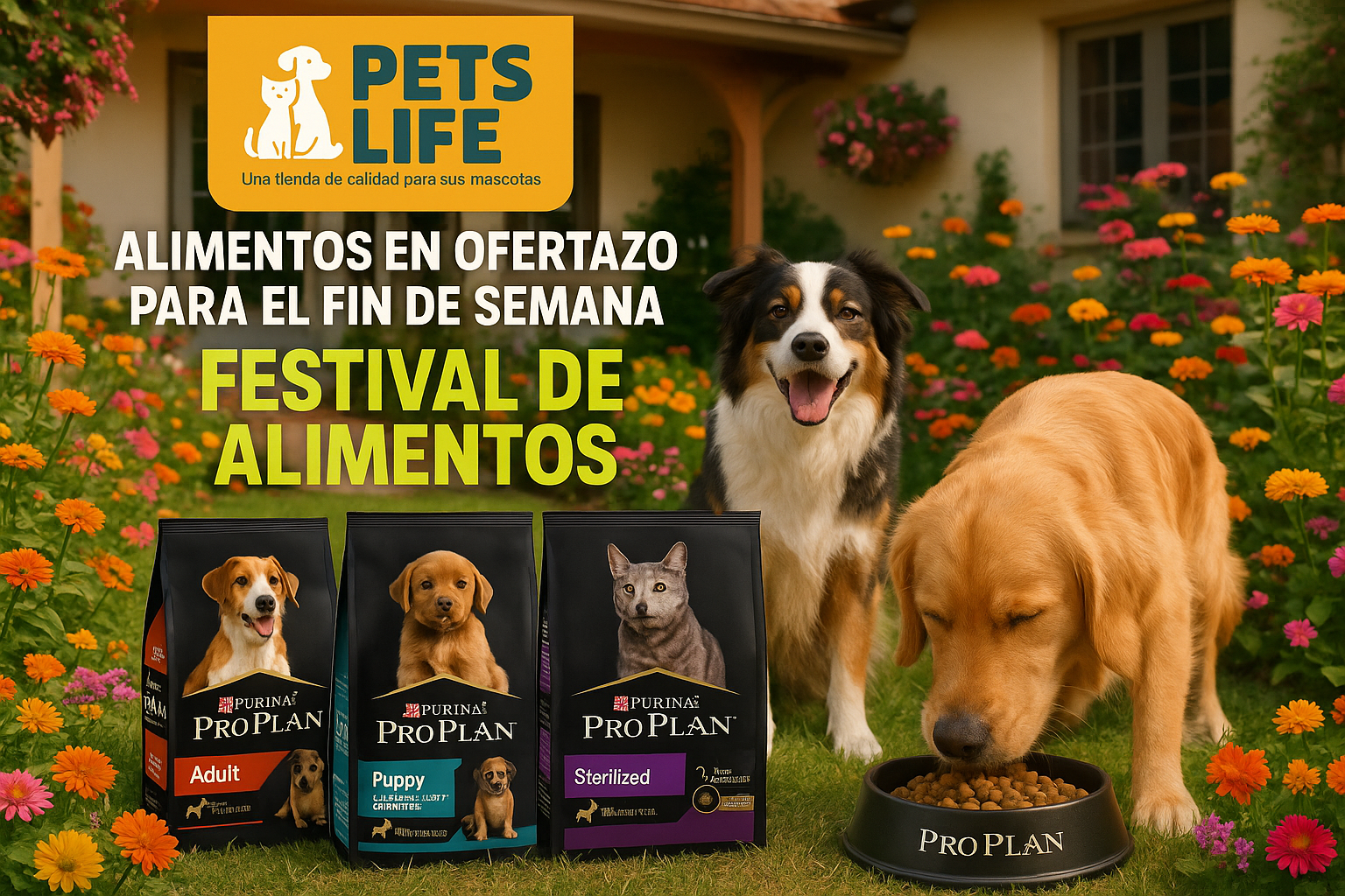 Alimentos Surtidos Proplan para perro, proplan para gatos, alimentos en ofertazo para el fin de semana, perros comiendo alimentos proplan, festival de alimentos con aviso tienda PETS LIFE, una tienda de calidad para sus mascotas, todo en un jardin de flores. casa hogar,, perros hermosos originales y verdaderos