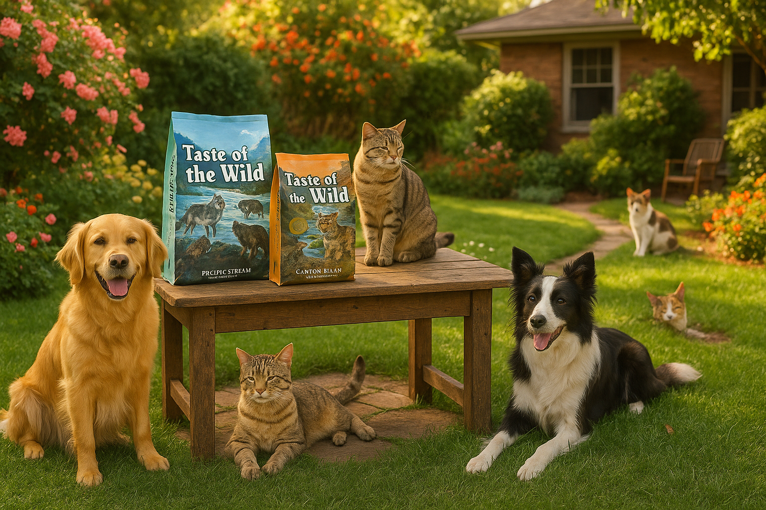 alimentos taste of the wild, perro y gatos en casa jardín 