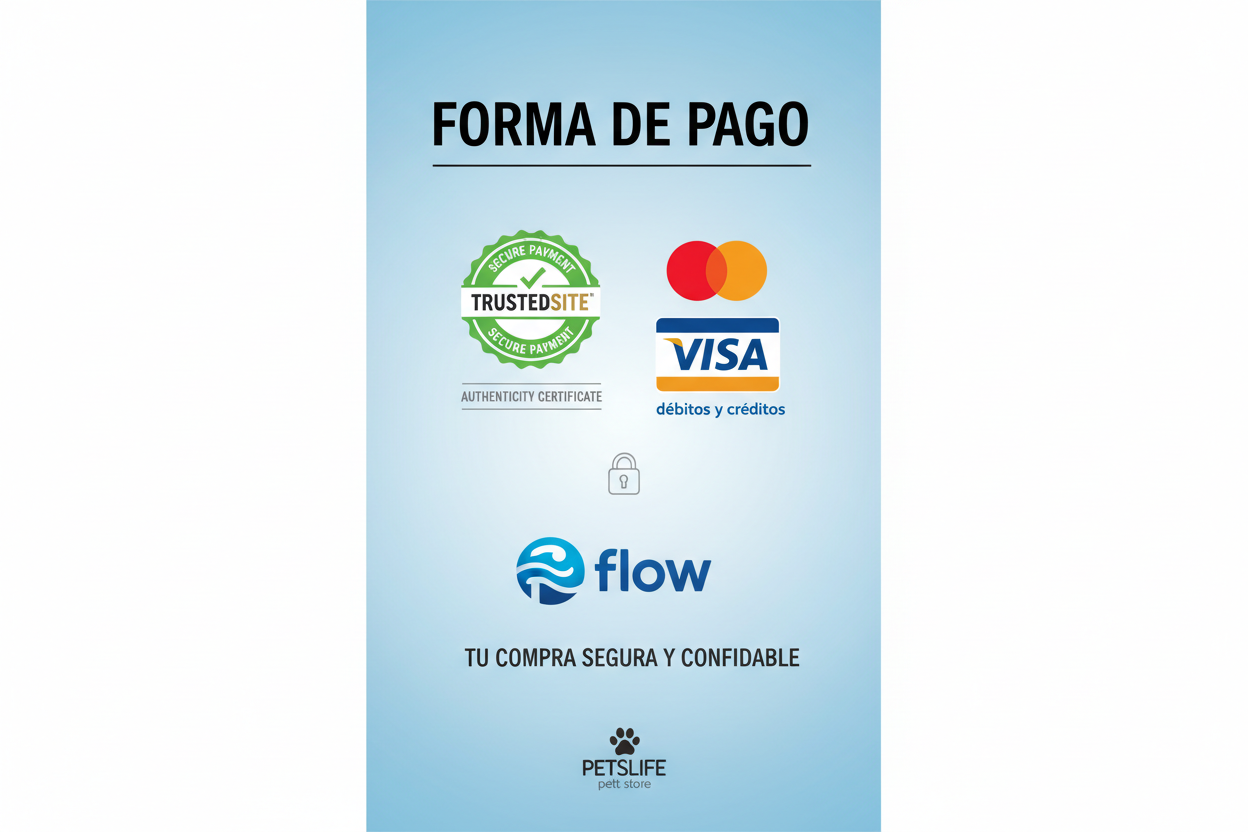 creacion 20x80, con el logo original de petslife de la pagina petslife.cl el original saquelo de sotify, que diga que la pagina es seguro que tiene un certificado de originalidad de pago seguro, con el logo de trustedsite, logo original de mastercard y visa. debitos y creditos, el logo de flow, que indique arriba como titulo forma de pago.