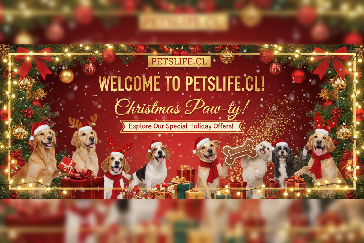 CREACION DE AVISO ESPECTACULAR DE PETSLIFE.CL SU TIENDA LE DA LA BIENVENIDA A NUESTRA PAGINA Y NUESTRAS OFERTAS Y SUS NAVIDADES PERROS FELICES