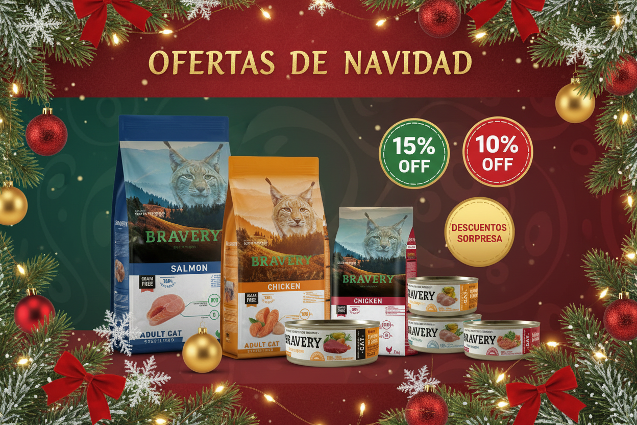 CREACION DE UN AVISO DE OFERTA AHORA EN NAVIDAD LAS OFERTAS PARA SU VIAJE. DE ALIMENTOS BRAVERY PARA PERROS Y GATOS, OFERTA DE BRAVERY SALMON, BRAVERY CHICKEN, BRAVERY TUNA Y VEGETAL, LATAS, 10% OFF Y 15 %OFF Y SORPRESA DE  DESCUENTOS, IMAGENES ORIGINAL DEL ALIMENTOS BRAVERY ORIGINAL EL IMAGENES