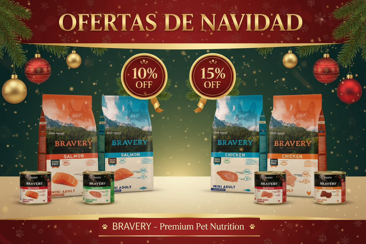 CREACION DE UN AVISO EN OFERTAS AHORA EN NAVIDAD  DE ALIMENTOS BRAVERY PARA PERROS Y GATOS, OFERTA DE BRAVERY SALMON, BRAVERY CHICKEN, BRAVERY TUNA Y VEGETAL, LATAS, 10% OFF Y 15 %OFFIMAGENES ORIGINAL DEL ALIMENTOS BRAVERY ORIGINAL EL IMAGENES