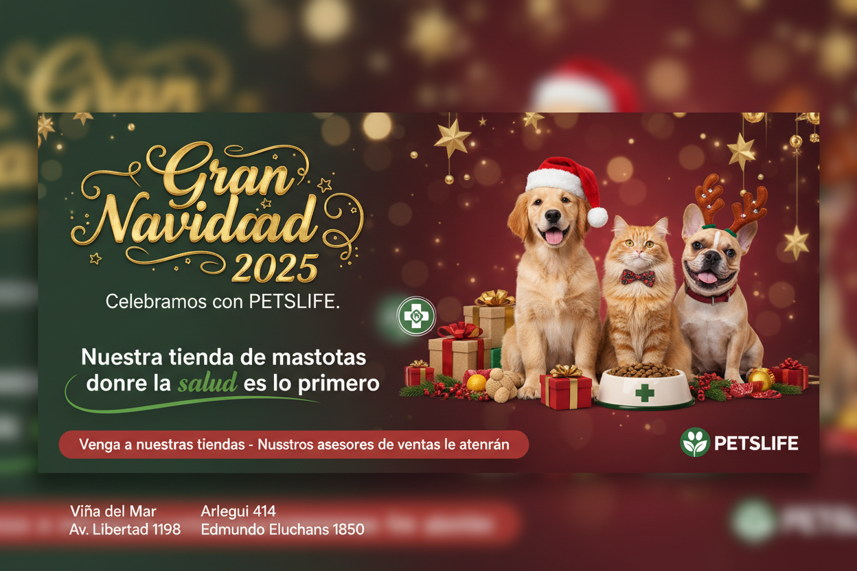 crear aviso Gran Navidad 2025, celebramos con petslife nuestra tienda de mascota, donde la salud es lo primero de atencion y alimentos, venga a nuestras tiendas y nuestros asesor de ventas le atendera. arlegui 414, av. libertad 1198, edmundo eluchans 1850, viña del mar