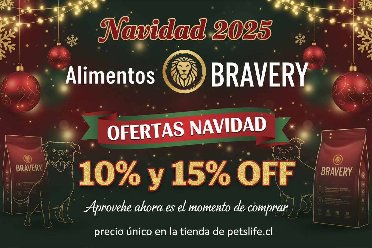escribir el aviso, Navidad 2025,  Alimentos BRAVERY, en grande ofertas navidad 10% y 15% OFF, Aproveche ahora es el momento de comprar  precio unico en la tienda de petslife.cl, crear imagen original de la pagina alimentos para perros 