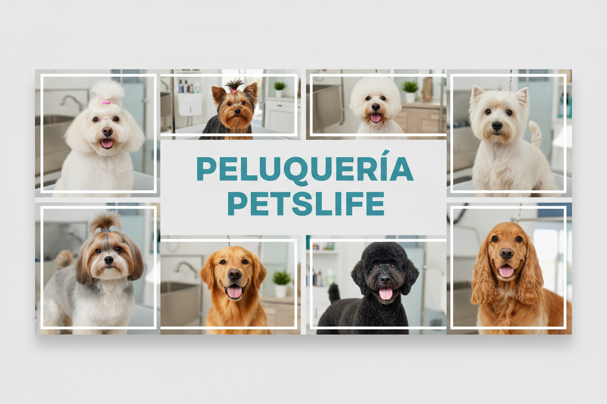 hacer un slider con la medida 1842x404, que diga peluqueria petslife, tomar imagenes varias de perros con cortes de pelo, con imagenes verdaderos, que sea muy ordenado donde se realiza los cortes las fotos de los cortes tienen que ser varias tipo poster.