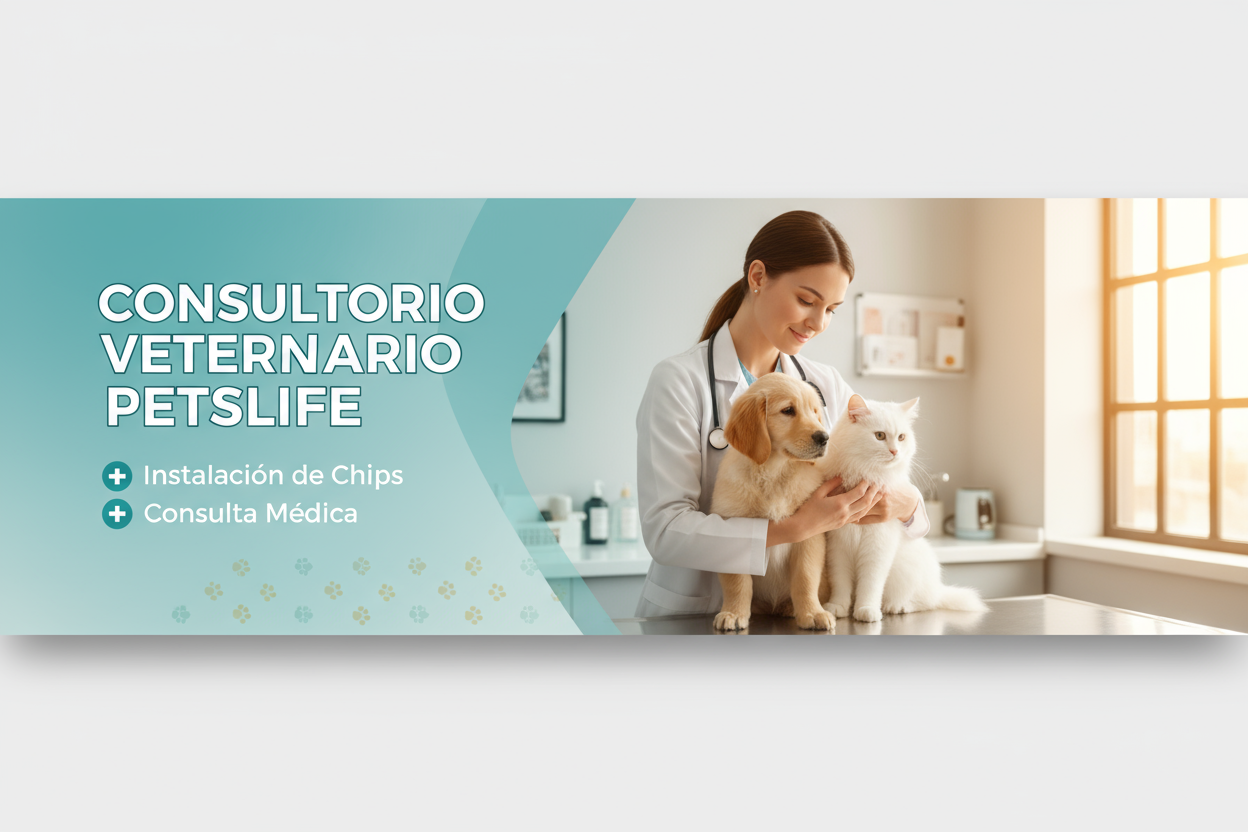 hacer un slider con medidad 1842x404, que diga consultorio veterinario petslife, instalación de chips, consulta medica.