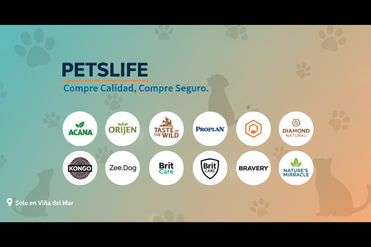 hacer un slider con su medidad 1842x404, que diga petslife, y indique las marcas con que trabajamos, acana, orijen, proplan, taste of the wild, diamond natural, kongo, zee.dog, brit care, bravery, natues miracle. compre calidad, compre seguro, solo en viña del mar