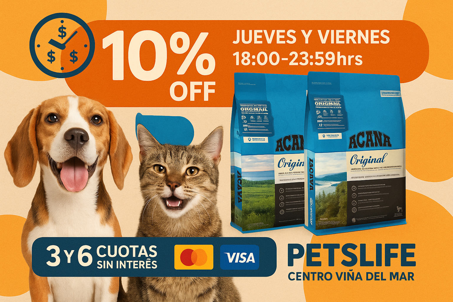 ofertas de productos acana original al 10% todos los jueves y viernes en horario de 18:00hrs hasta las 23:59hrs, pague con su tarjeta de credito 3 y 6 cuotas sin interes, aproveche es el momento de escojer un producto de calidad, su tienda petslife en el centro de viña del mar. siempre a su lado