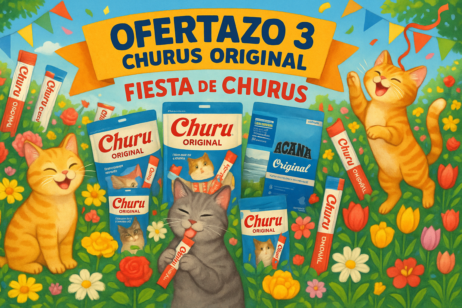 Ofertazo 3 Churus original, fiesta de churus, exhibir productos de gatos, todo gatos, presentar alimentos para gatos acana original en un jardin de flores.