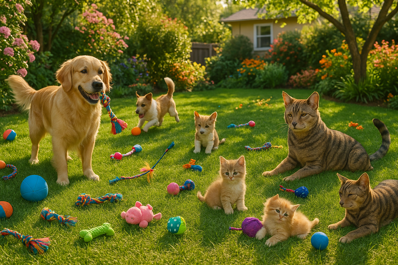 perros y gatos con sus juguetes en un jardin de casa