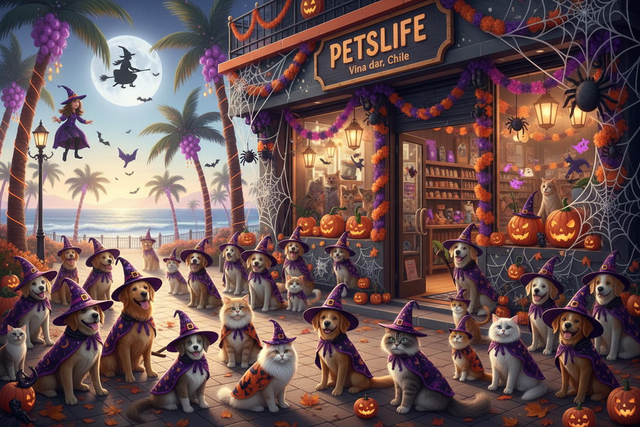petslife en hallowen, con perros y muchos gatos vetido de brujas, telarañas y viña del mar vestido de brjas