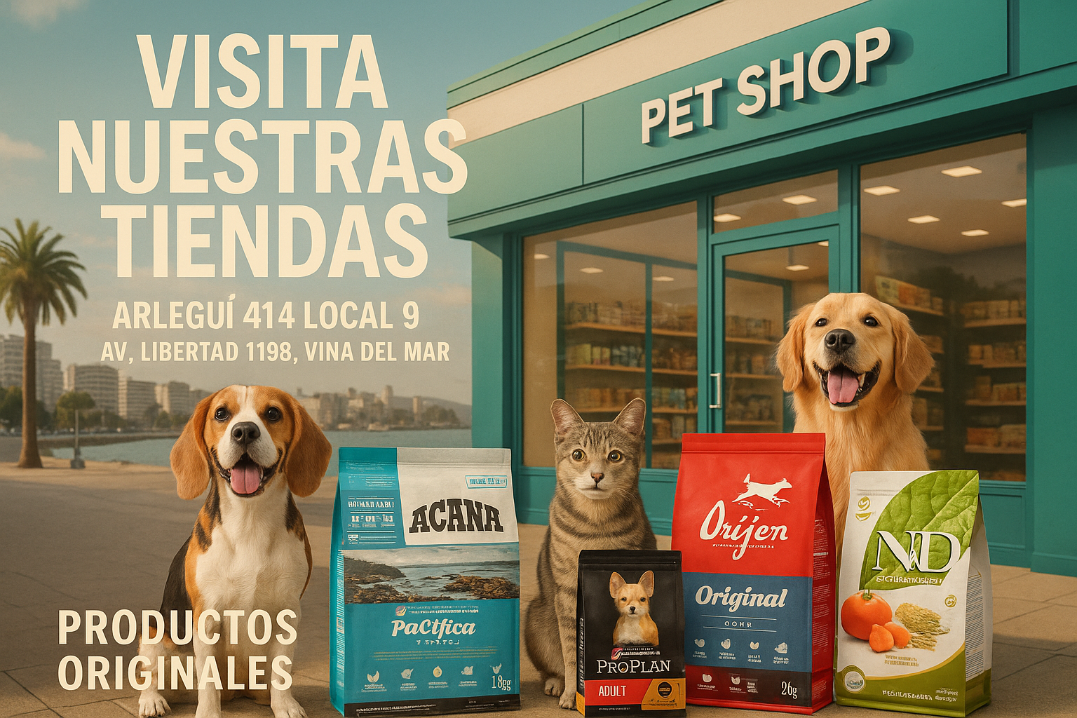 VISITES NUESTRAS TIENDAS ARLEGUI 414 LOCAL 9, AV. LIBERTAD 1198, EN VIÑA DEL MAR, SON TIENDA CON LOS MEJORES PRODUCTOS ORIGINAL ACANA, PROPLAN, ORIJEN, N&D, ALIMENTOS DE MASCOTA ORIGINAL